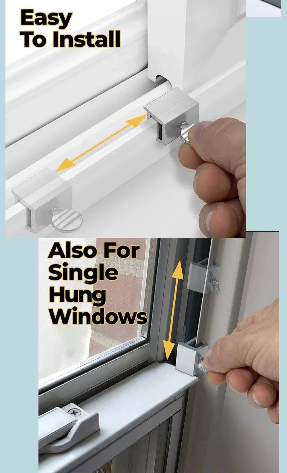 Adjustable stainless steel window limit lock for sliding and single-hung windows, child and pet safety stopper with no-drill installation.