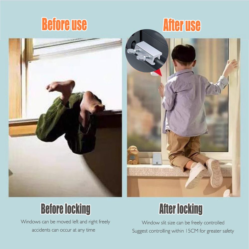 Adjustable stainless steel window limit lock for sliding and single-hung windows, child safety stopper with no-drill installation.