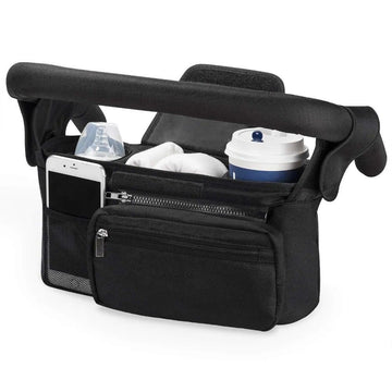 Black multifunctional stroller organizer bag with insulated bottle holder, detachable pouch, and adjustable straps for baby and kids.