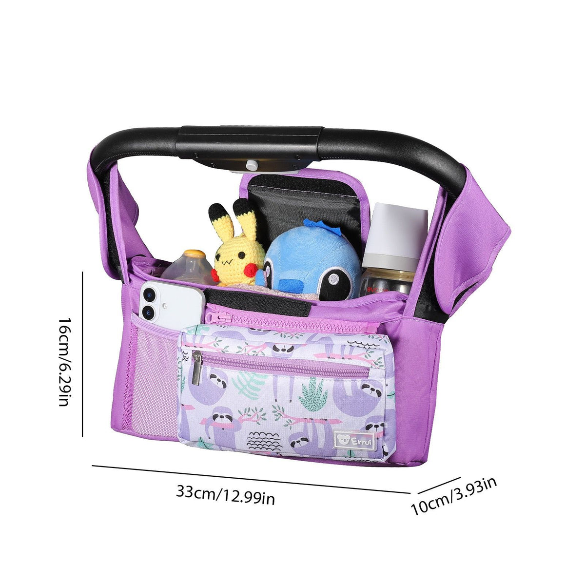 Black multifunctional stroller organizer bag with insulated bottle holder, detachable pouch, and adjustable straps for on-the-go baby needs.
