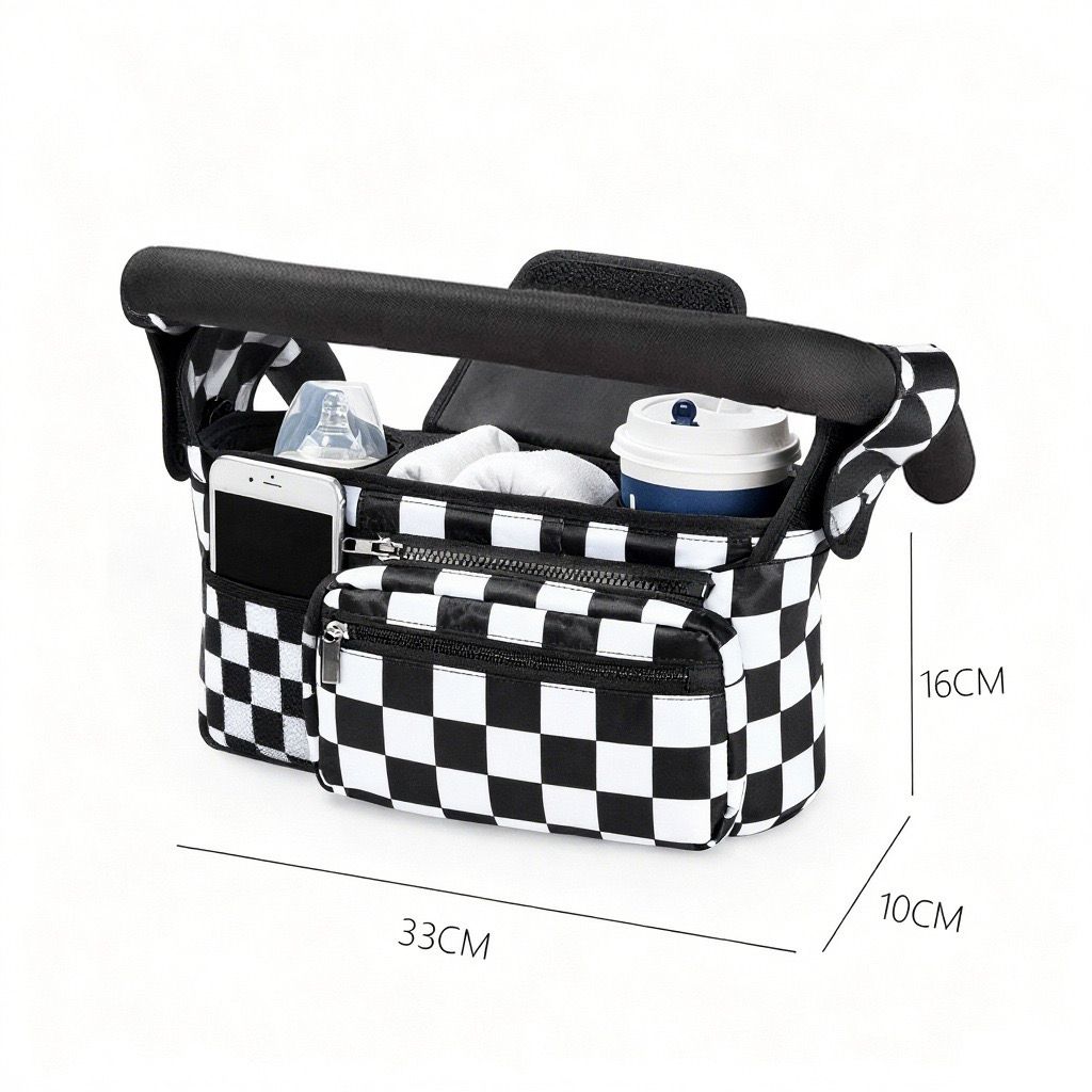 Black and white checkered multifunctional stroller organizer bag with insulated bottle holder, detachable pouch, and adjustable straps.