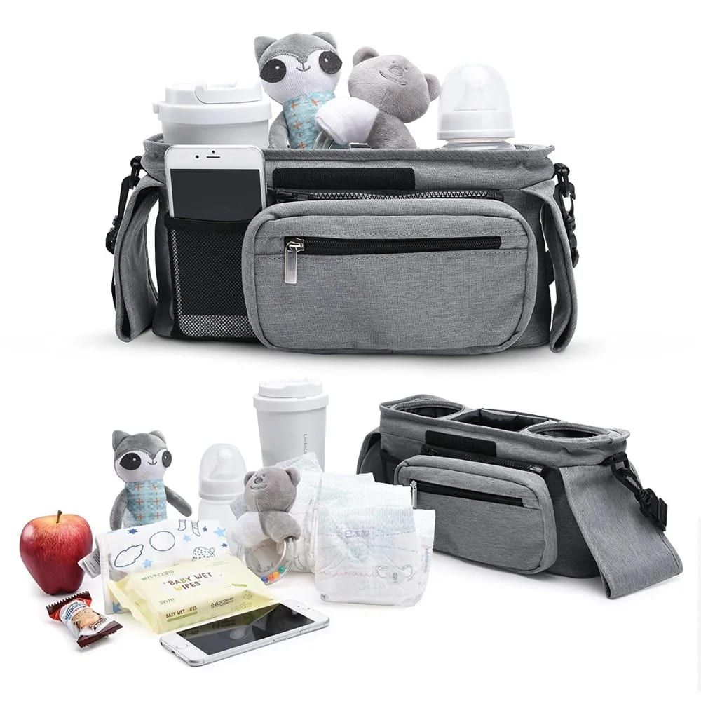 Black and white checkered multifunctional stroller organizer bag with insulated bottle holder and adjustable straps, shown hanging on a stroller.
