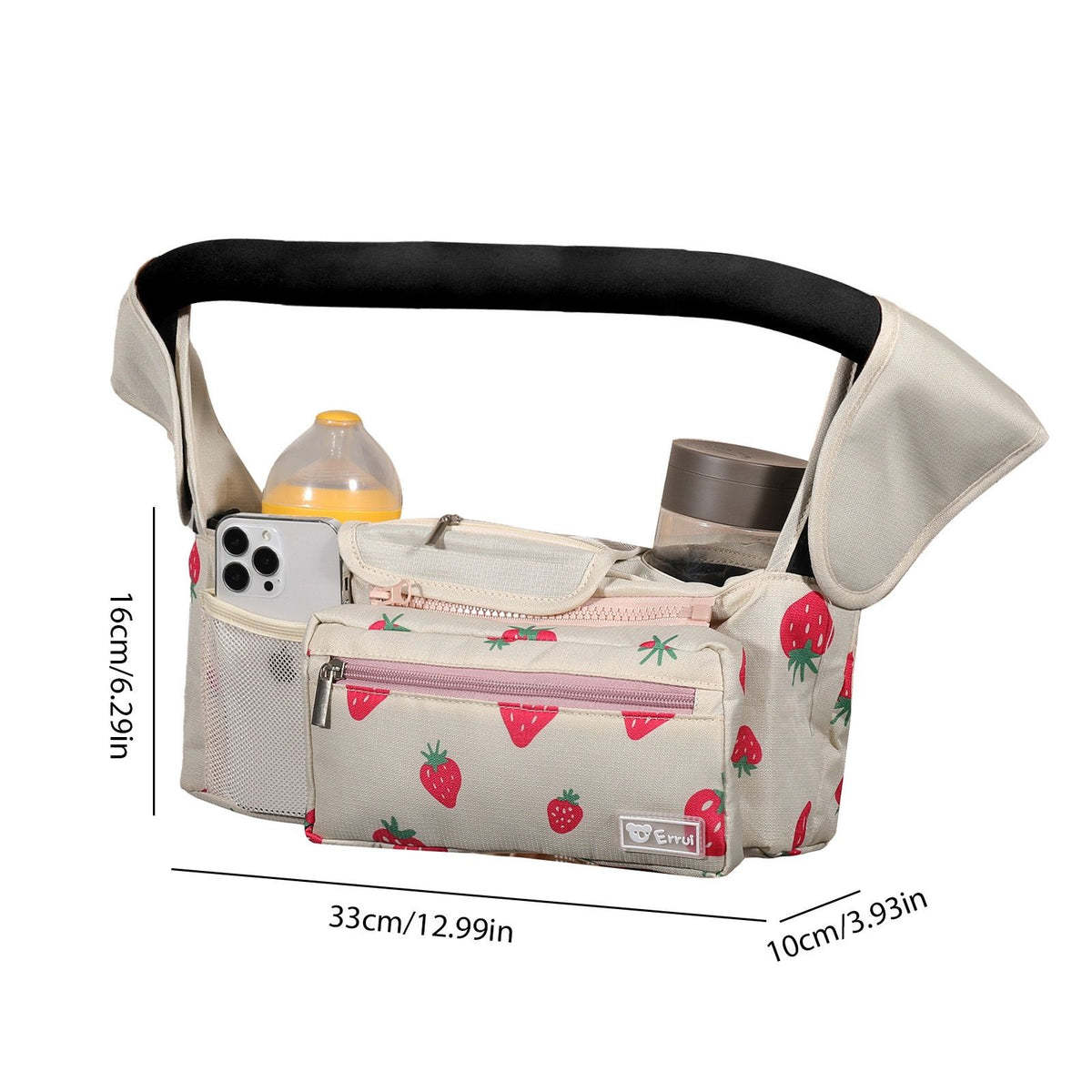 Black and white checkered multifunctional stroller organizer bag with bottle holder, detachable pouch, and adjustable straps for baby accessories.
