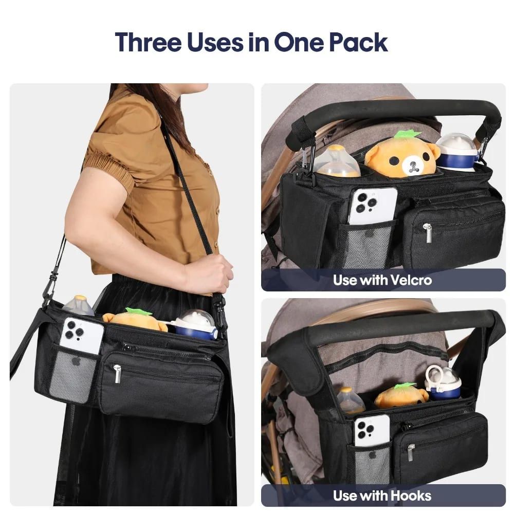 Green Sloth multifunctional stroller organizer bag with insulated bottle holder, detachable pouch, and adjustable straps for on-the-go convenience.