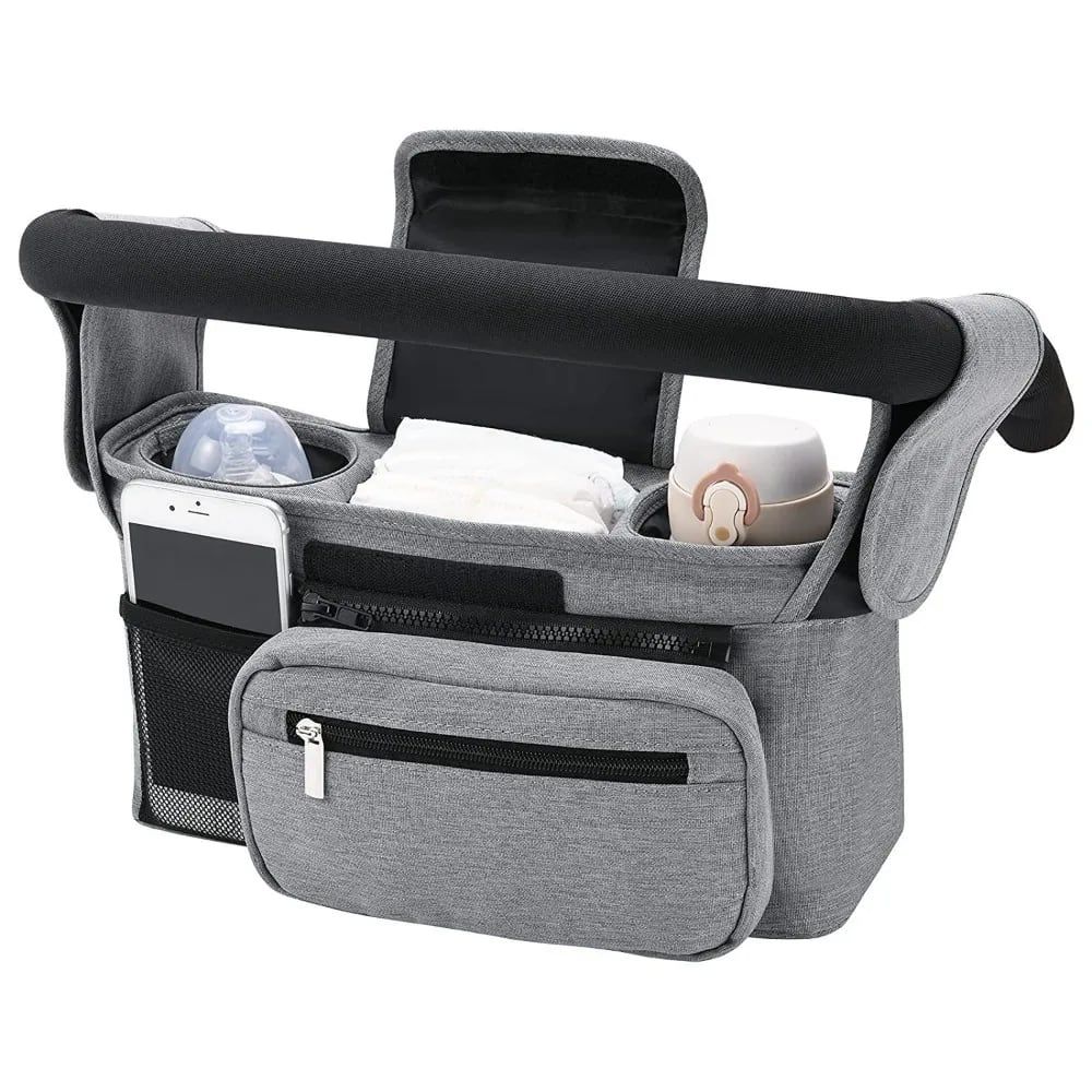 Green Sloth multifunctional stroller organizer bag with insulated bottle holder, detachable pouch, and adjustable straps for baby on-the-go.