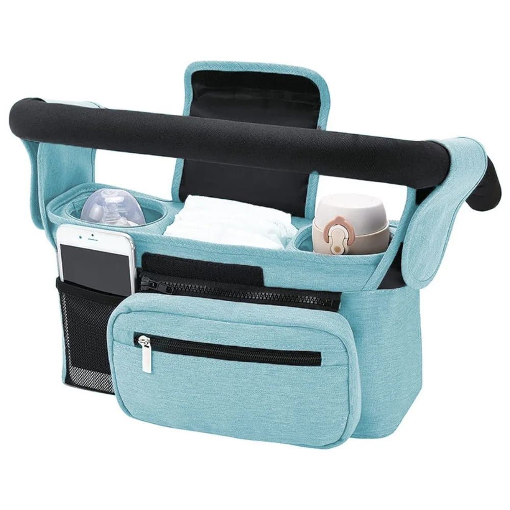 Leopard multifunctional stroller organizer bag with insulated bottle holder, detachable pouch, and adjustable straps for on-the-go use.