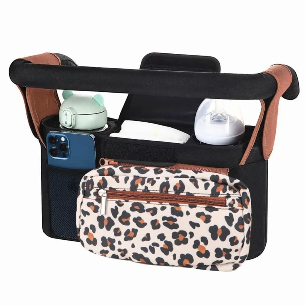 Pink multifunctional stroller organizer bag with insulated bottle holder, detachable pouch, and adjustable straps for on-the-go convenience.