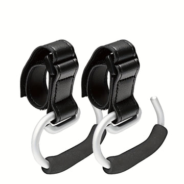 Universal Stroller Hooks with PU Leather Straps – Heavy-Duty Aluminum Baby Stroller Organizer for Hanging Bags, Purses, and Diaper Bags on Stroller Handles or Frames (Black)