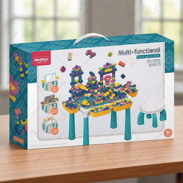 Multifunctional Kids Building Block Table Set with Storage, Compatible with 3-6 Year Olds, Includes Chair and 88-380PCS Colorful Bricks, Ideal for Learning, Drawing, Sand & Water Play (300PCS)