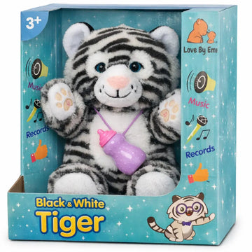 Soft plush interactive tiger toy for babies, featuring feeding and sleeping simulation, by Everything Baby.