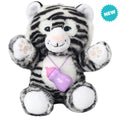 Soft plush interactive tiger toy for babies by Everything Baby, featuring feeding and sleeping simulation functions.