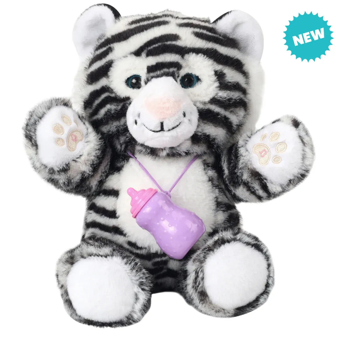 Soft plush interactive tiger toy for babies by Everything Baby, featuring feeding and sleeping simulation functions.