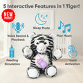 Soft plush interactive tiger toy for babies, featuring feeding and sleeping simulation, by Everything Baby.