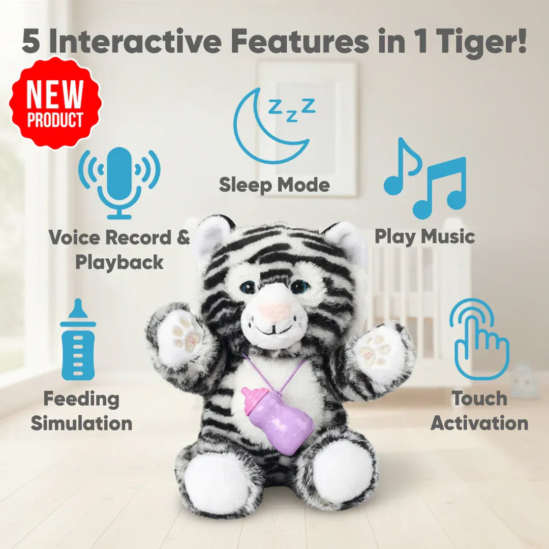 Soft plush interactive tiger toy for babies, featuring feeding and sleeping simulation, by Everything Baby.