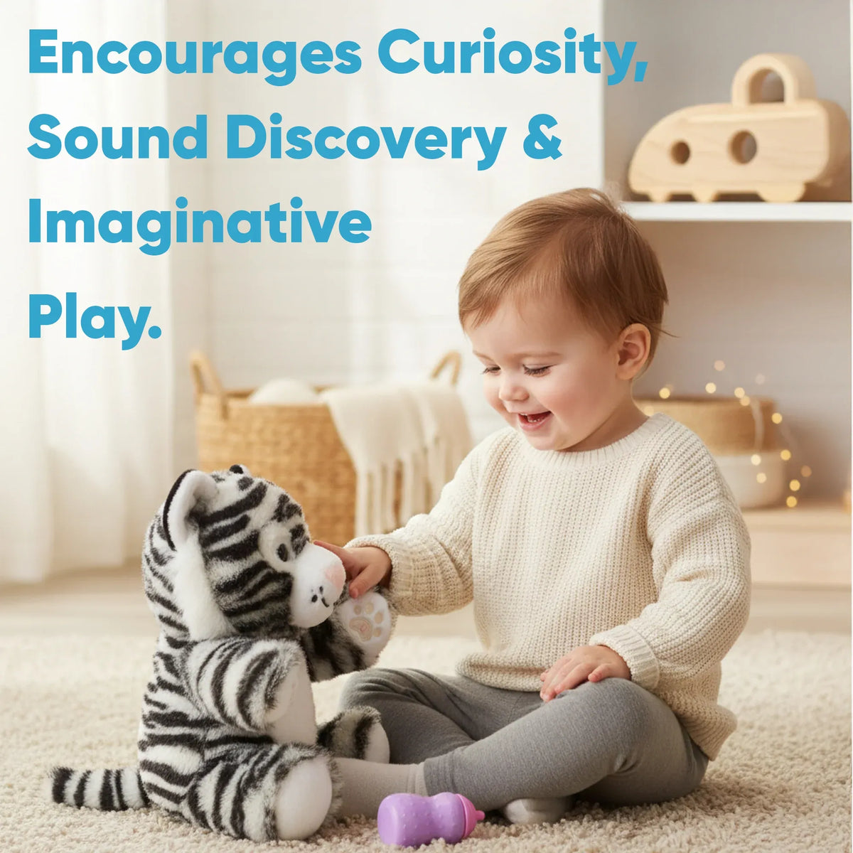 Soft plush interactive tiger toy for babies, featuring feeding and sleeping simulation functions by Everything Baby.