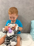 Soft plush interactive tiger toy for babies, featuring feeding and sleeping simulation functions, from Everything Baby.