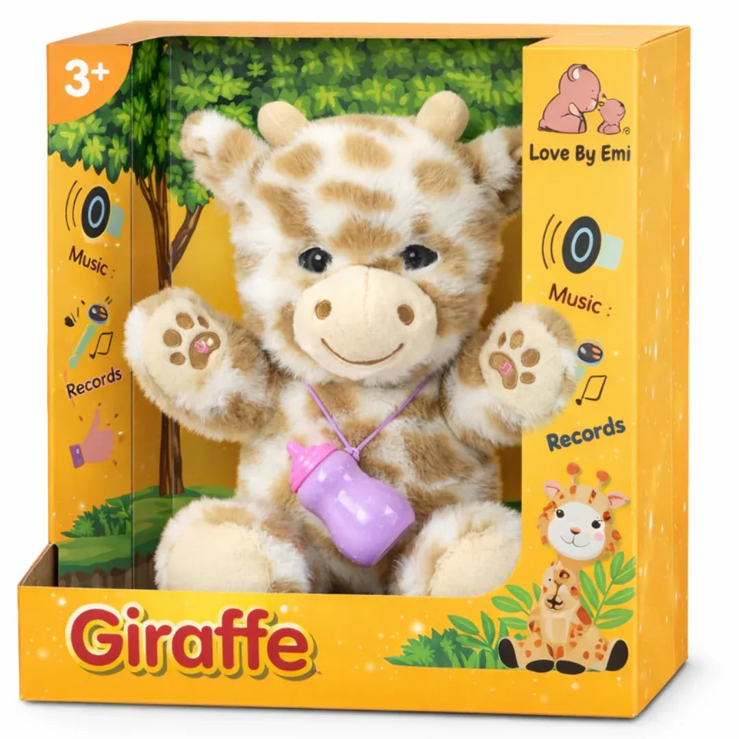 Soft plush interactive giraffe toy for babies, features feeding and sleeping simulation functions, by Everything Baby.