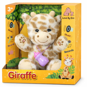 Soft plush interactive giraffe toy for babies, features feeding and sleeping simulation functions, by Everything Baby.