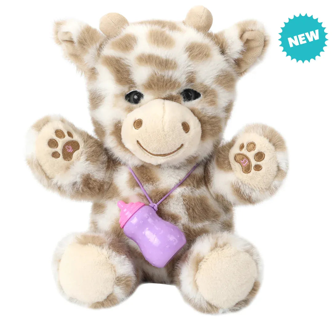 Soft plush interactive giraffe toy for babies, featuring feeding and sleeping simulation functions, from Everything Baby.