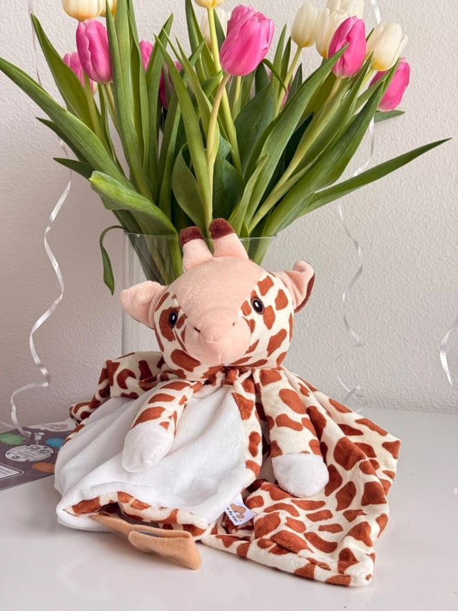 White noise and lullaby giraffe plush toy named Aria, a musical comforter for babies and kids from Everything Baby.