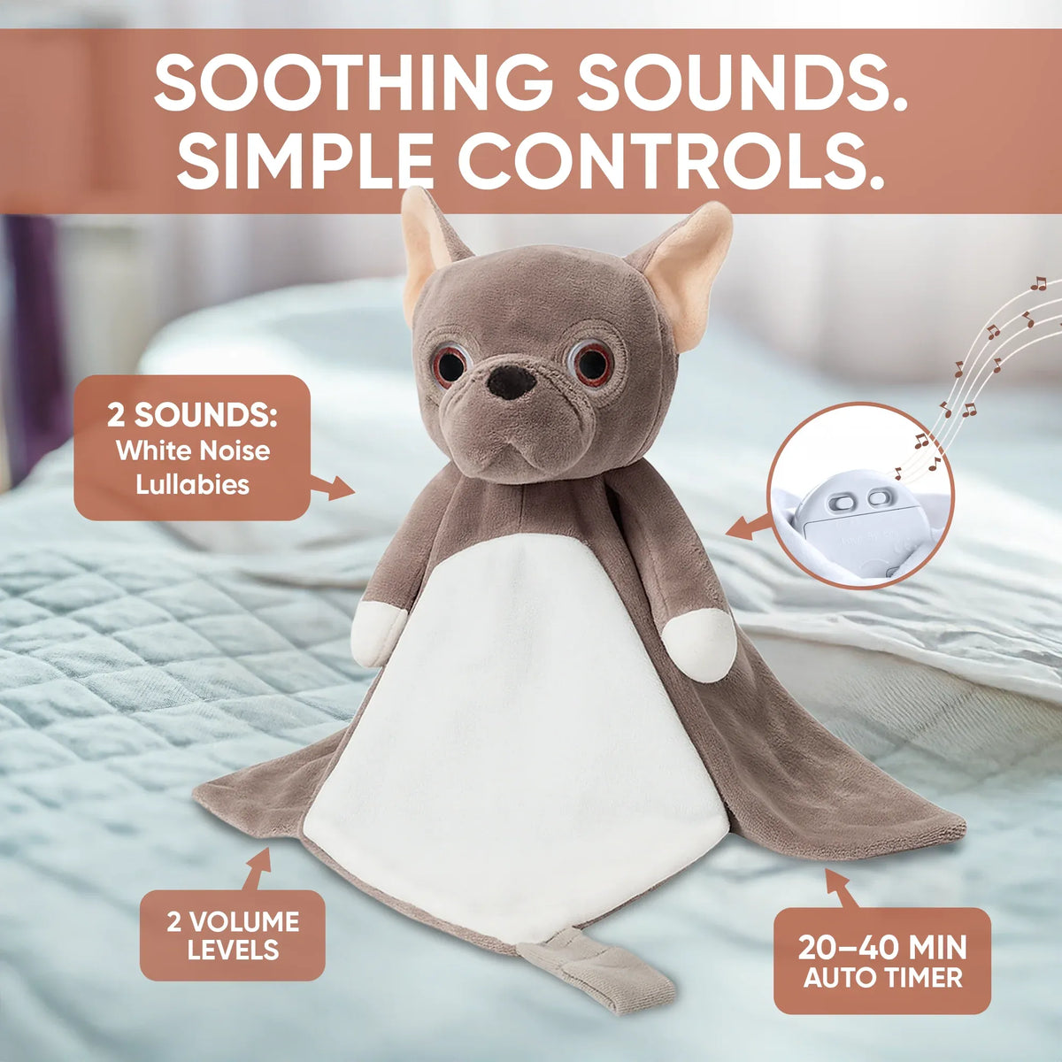 White plush Billy the French Bulldog lullaby comforter with musical toy features, designed for babies and kids.