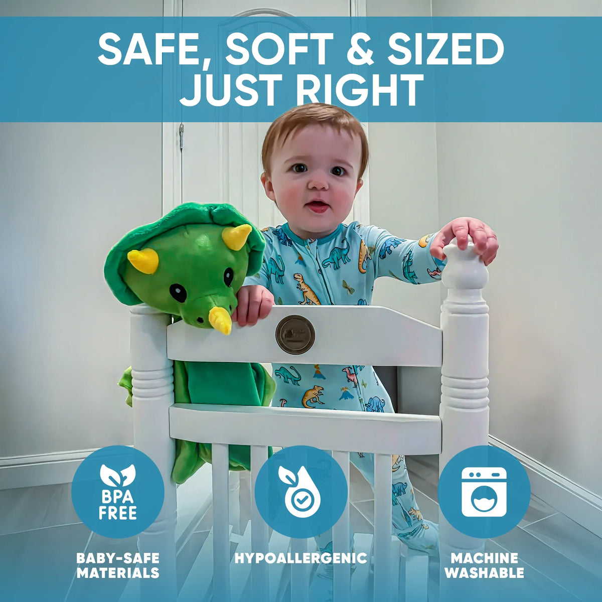 Colorful Dash the Dinosaur musical toy for babies and kids by Everything Baby, featuring soft fabric and playful dinosaur design.