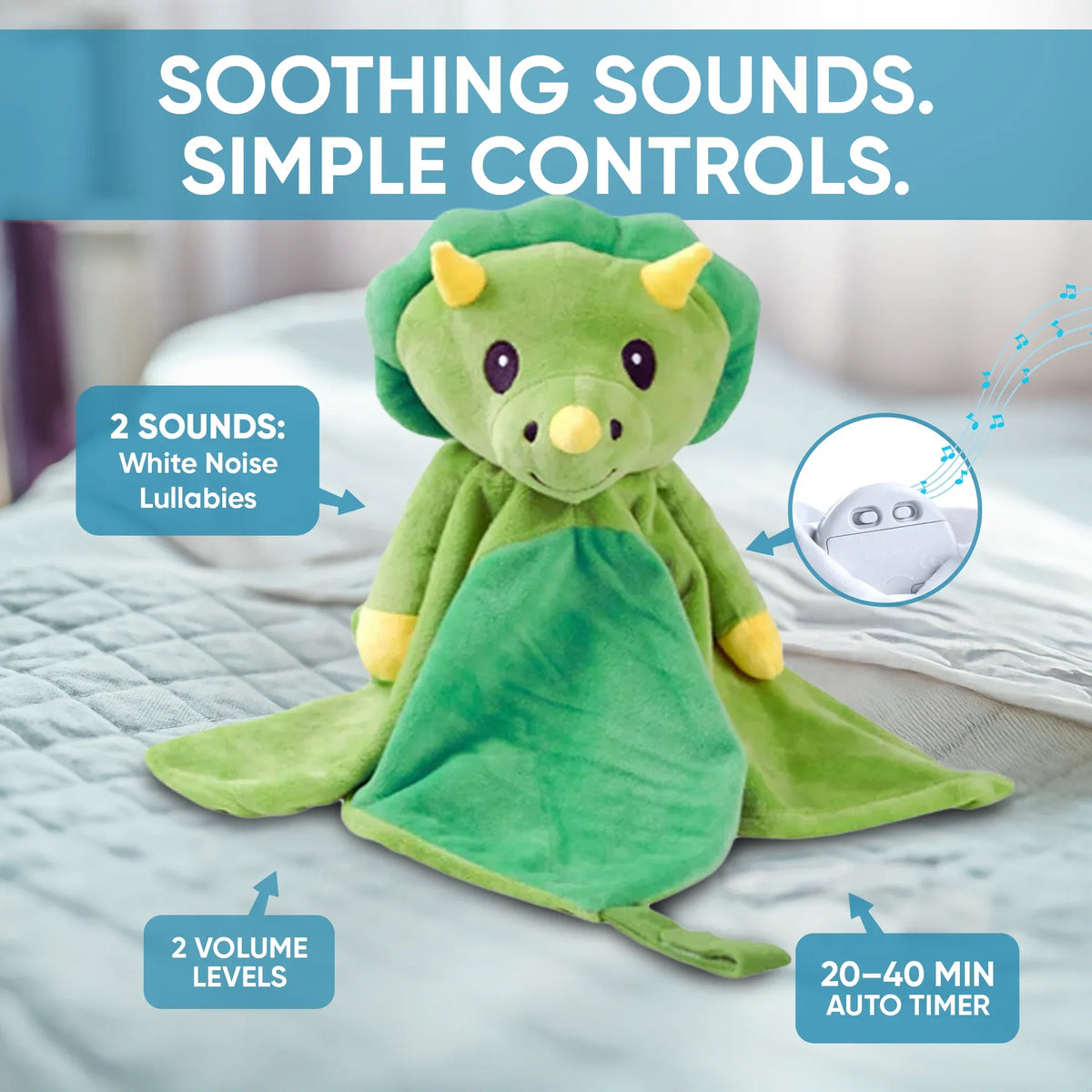 Baby Dash the Dinosaur musical toy by Everything Baby, soft plush dinosaur with colorful details for kids' play and sensory fun.