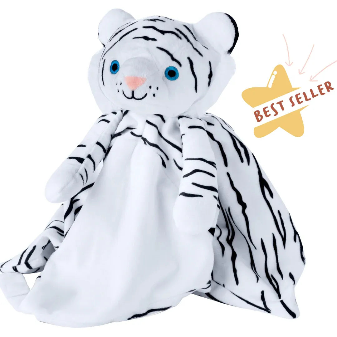 White plush tiger toy named Delly from Everything Baby, a musical lullaby comforter for babies and kids.