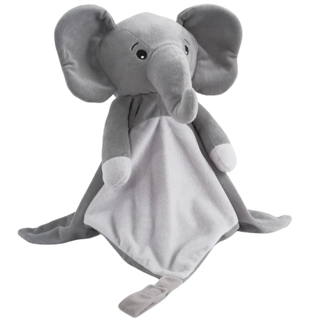 White Elephant baby comforter with soft plush fabric, featuring musical toy elements for soothing lullabies and white noise.