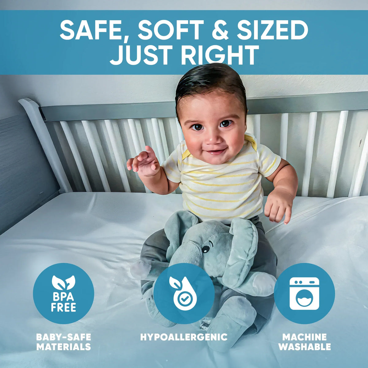 White plush Ellie the Elephant lullaby comforter with musical toy features, designed for babies and kids by Everything Baby.