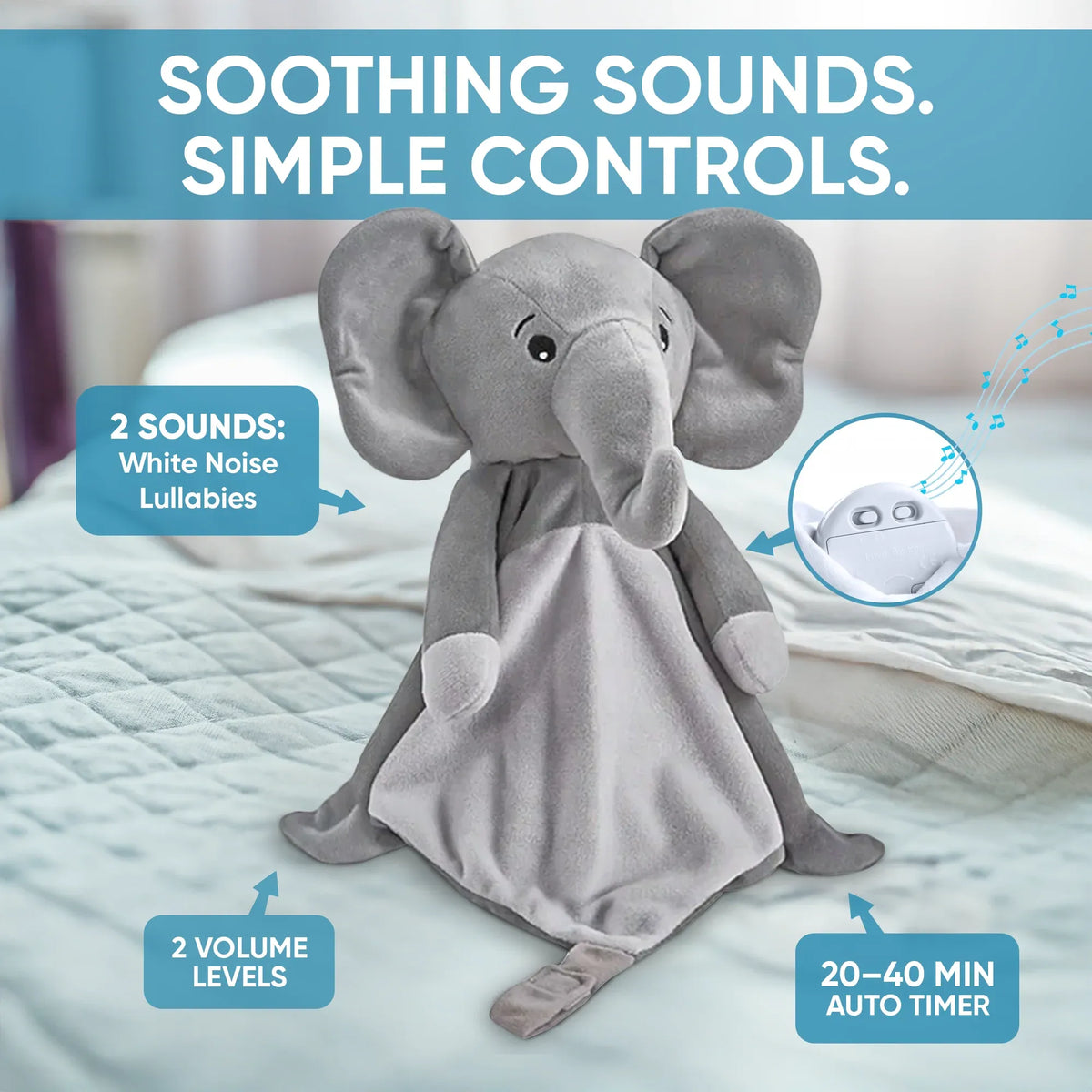 White noise and lullaby Ellie the Elephant comforter toy for babies, featuring soft fabric and musical functions by Everything Baby.