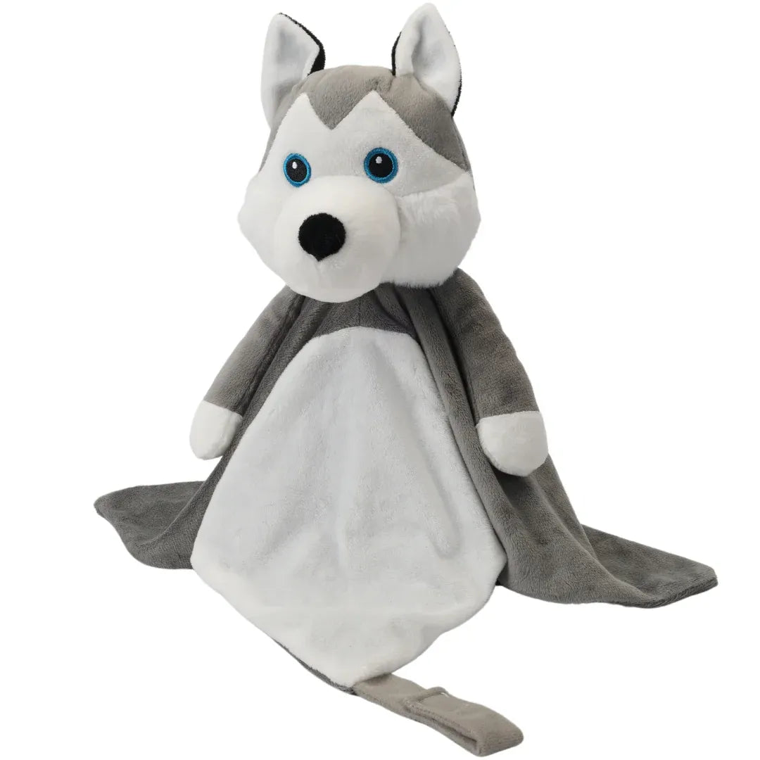 Harli the Husky white noise lullaby comforter for babies, featuring soft fabric and musical toy elements for soothing comfort.