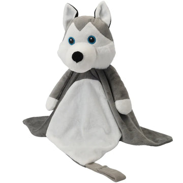 Harli the Husky white noise lullaby comforter for babies, featuring soft fabric and musical toy elements for soothing comfort.