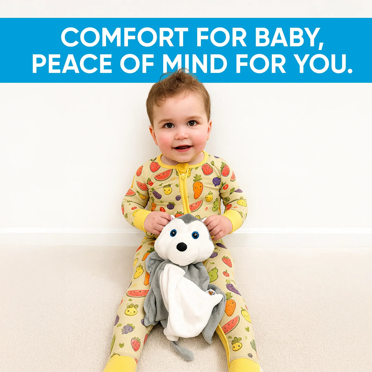Harli the Husky plush musical toy from Everything Baby, a white noise and lullaby comforter for babies and kids.