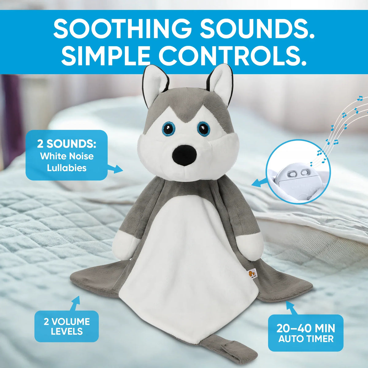 Harli the Husky plush musical comforter from Everything Baby, featuring white noise and lullaby functions for babies and kids.