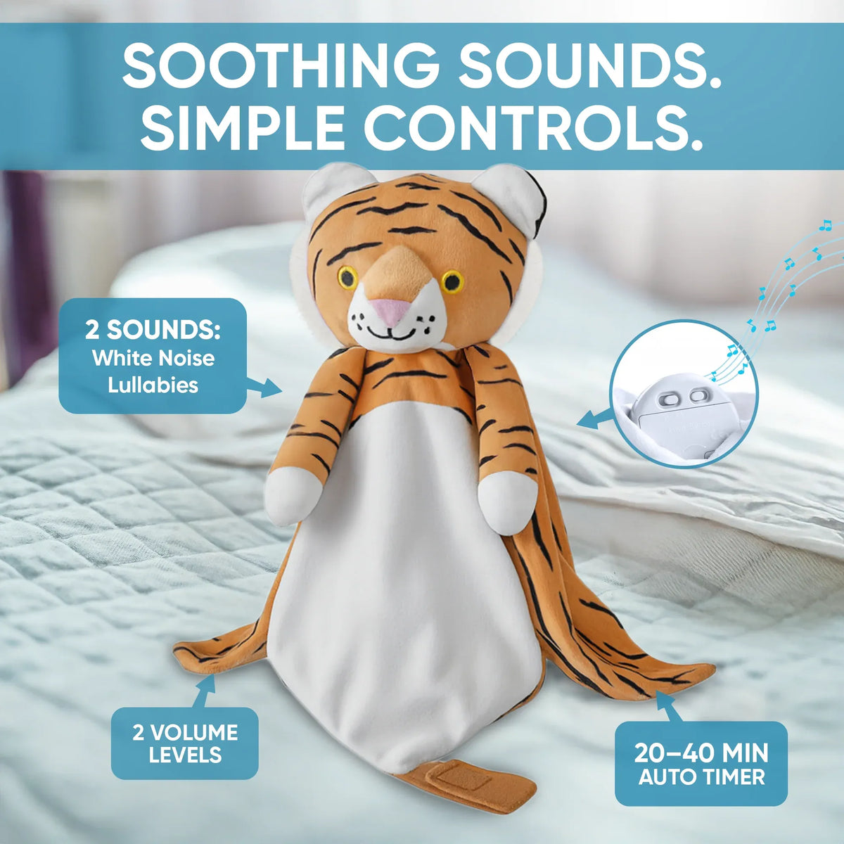 Soft white noise and lullaby comforter featuring Indi the Tiger, a musical toy for babies and kids by Everything Baby.