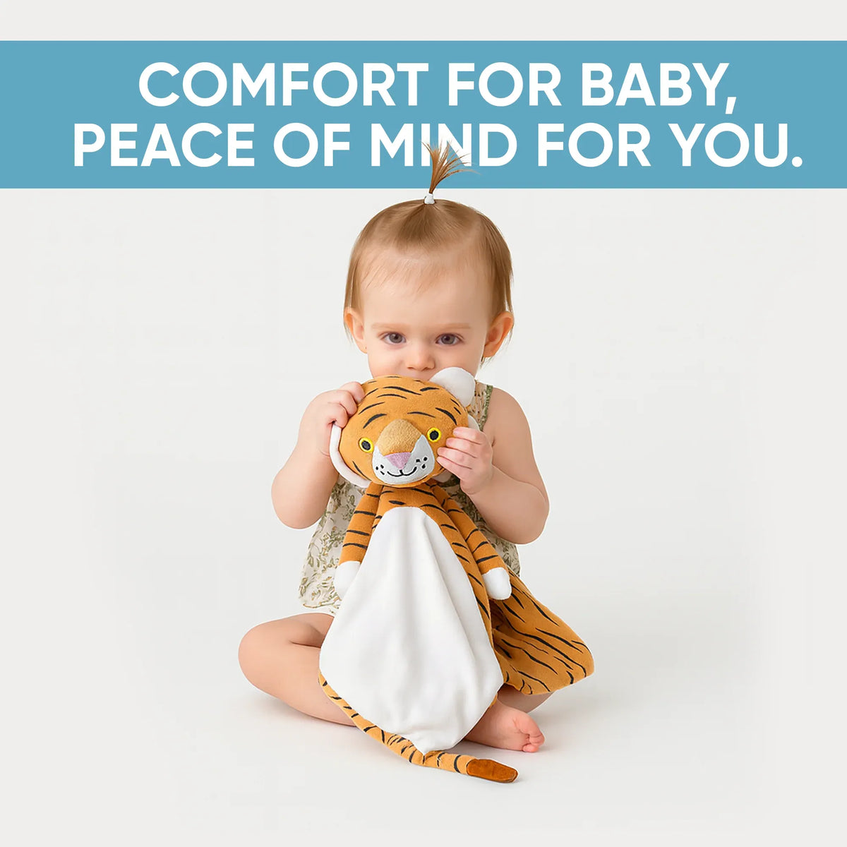 White noise and lullaby comforter featuring Indi the Tiger, a soft musical toy for babies and kids by Everything Baby.