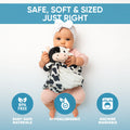 Lylah the Cow white noise and lullaby comforter for babies, featuring soft fabric and musical toy elements, by Everything Baby.