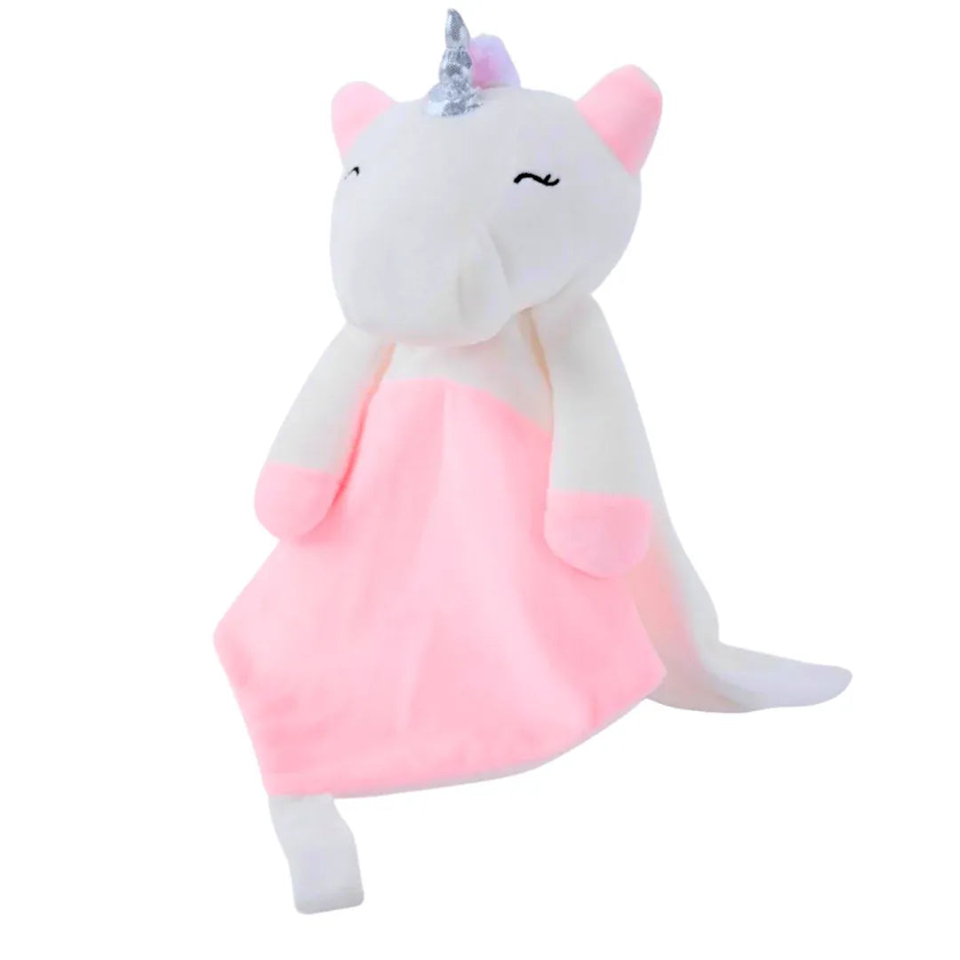 White plush unicorn comforter named Maisie by Everything Baby, designed for babies and kids, with soft fabric and musical features.