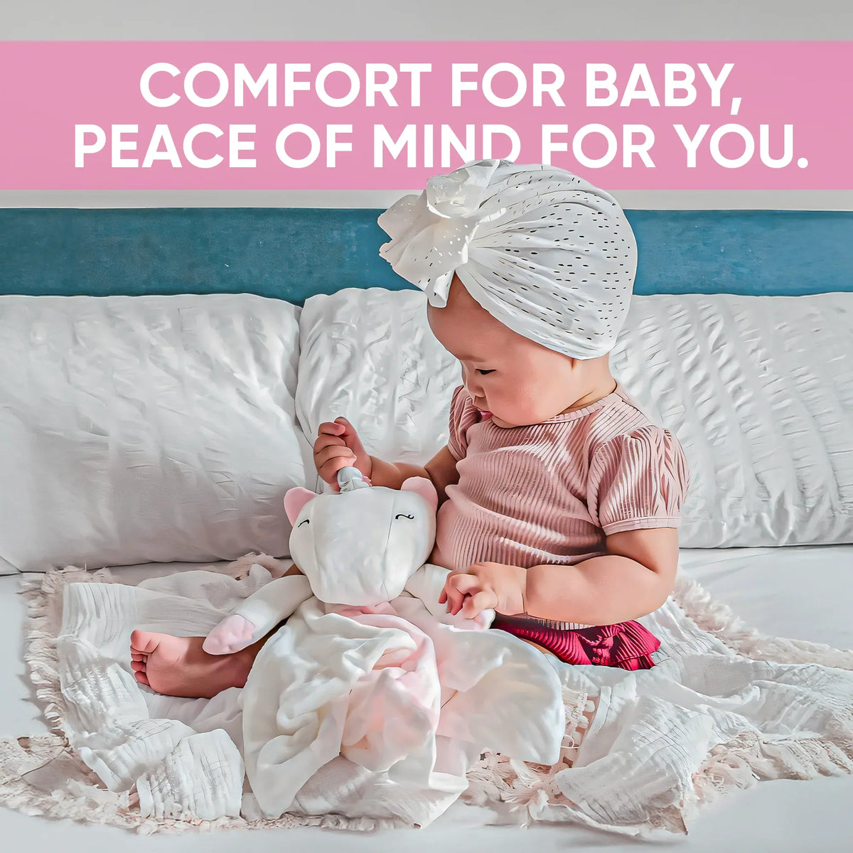 Maisie the Unicorn white noise and lullaby comforter, a plush musical toy for babies and kids by Everything Baby.