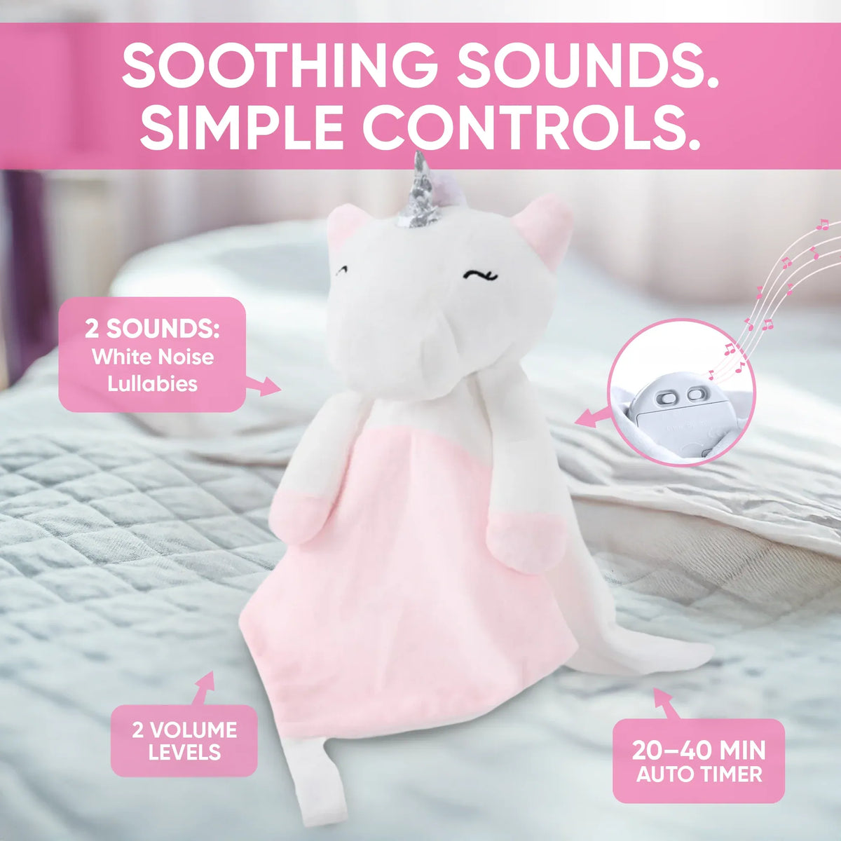 White noise unicorn lullaby comforter featuring Maisie, a soft plush toy with musical functions for baby and kids' comfort.
