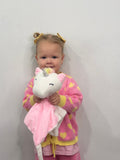 White plush unicorn comforter named Maisie by Everything Baby, designed for babies and kids, features a soothing lullaby function.