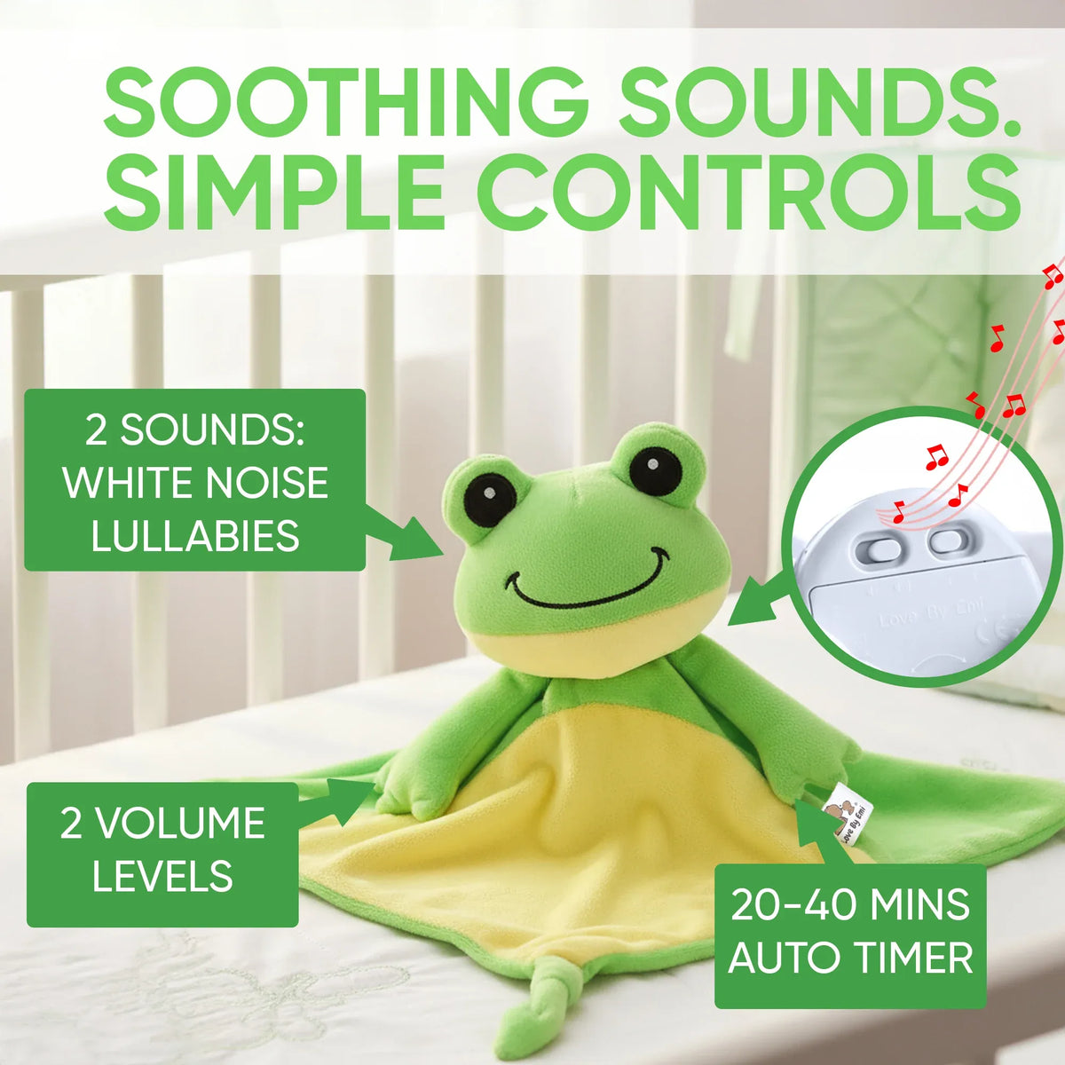 RaRa the Frog white noise and lullaby comforter, a soft musical toy for babies and kids from Everything Baby.