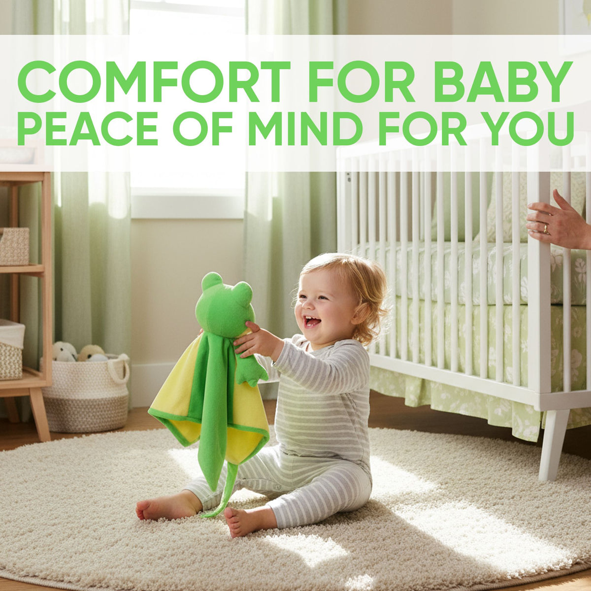 RaRa the Frog white noise and lullaby comforter for babies, featuring a soft plush frog with musical toy functions.
