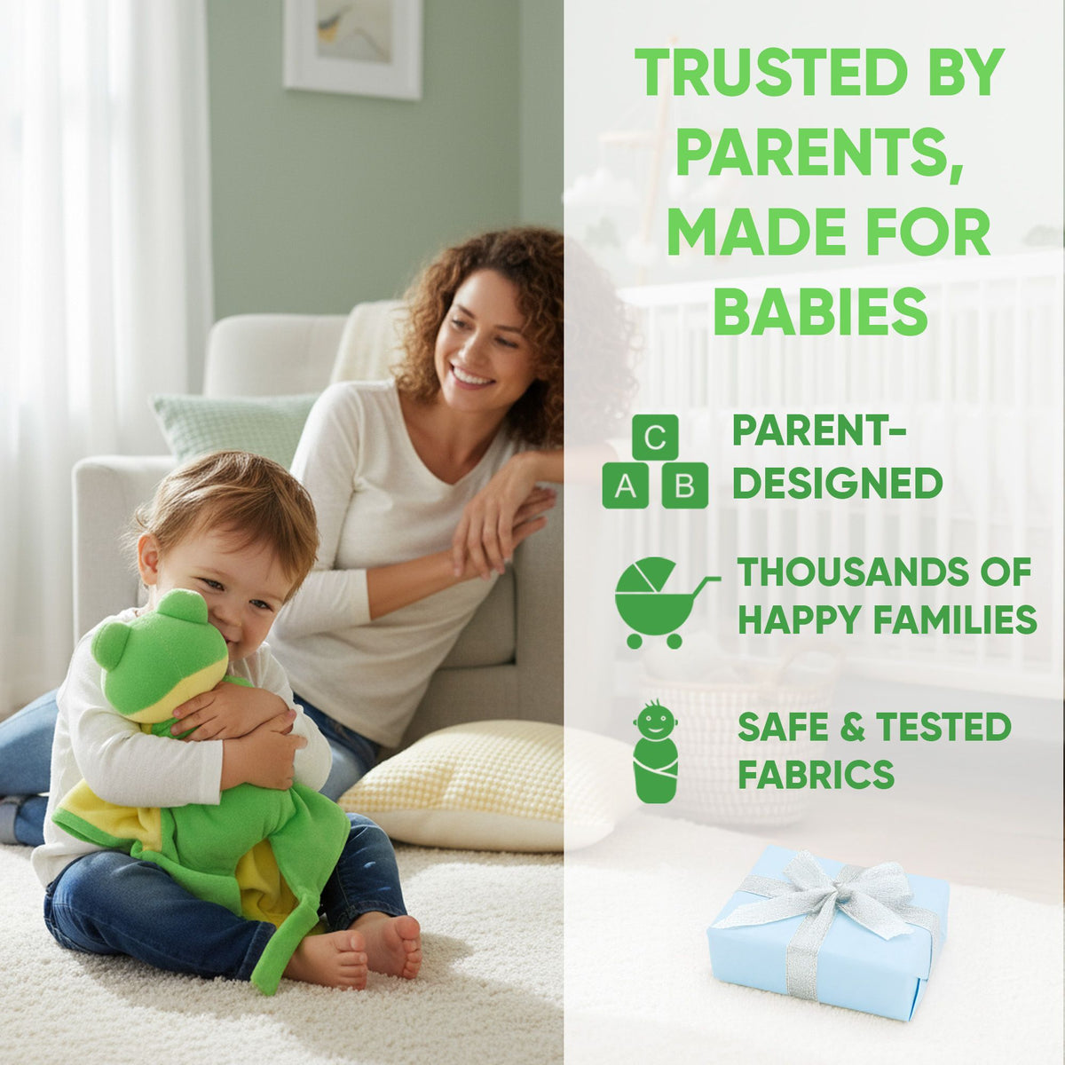 RaRa the Frog baby musical toy from Everything Baby, white noise and lullaby comforter with a plush frog design.