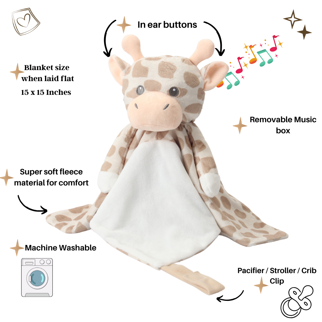 Shay the Giraffe white noise and lullaby comforter from Everything Baby, soft plush toy for soothing babies and kids.