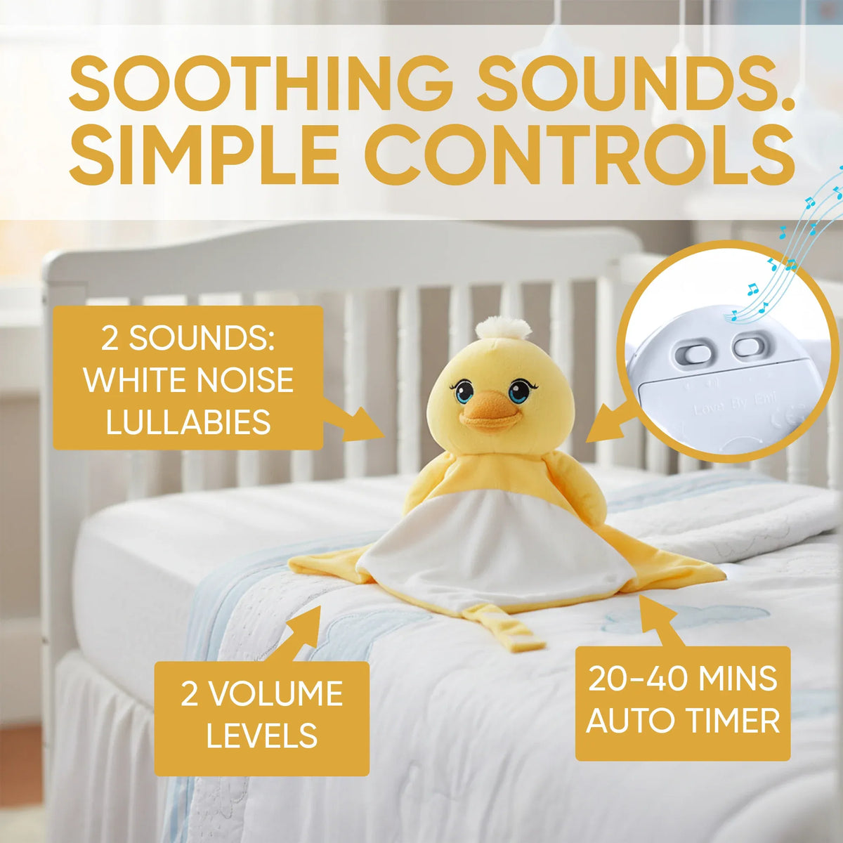 Zaylee the Duck baby musical toy from Everything Baby, a white noise and lullaby comforter for infants and toddlers.