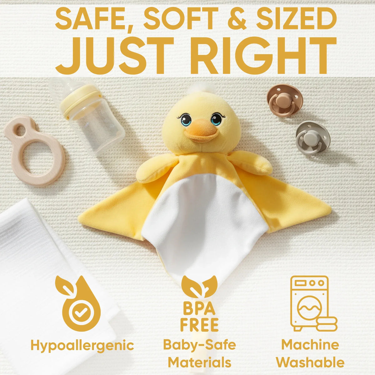 Zaylee the Duck musical toy from Everything Baby, a white noise and lullaby comforter for babies and kids, with soft plush details.