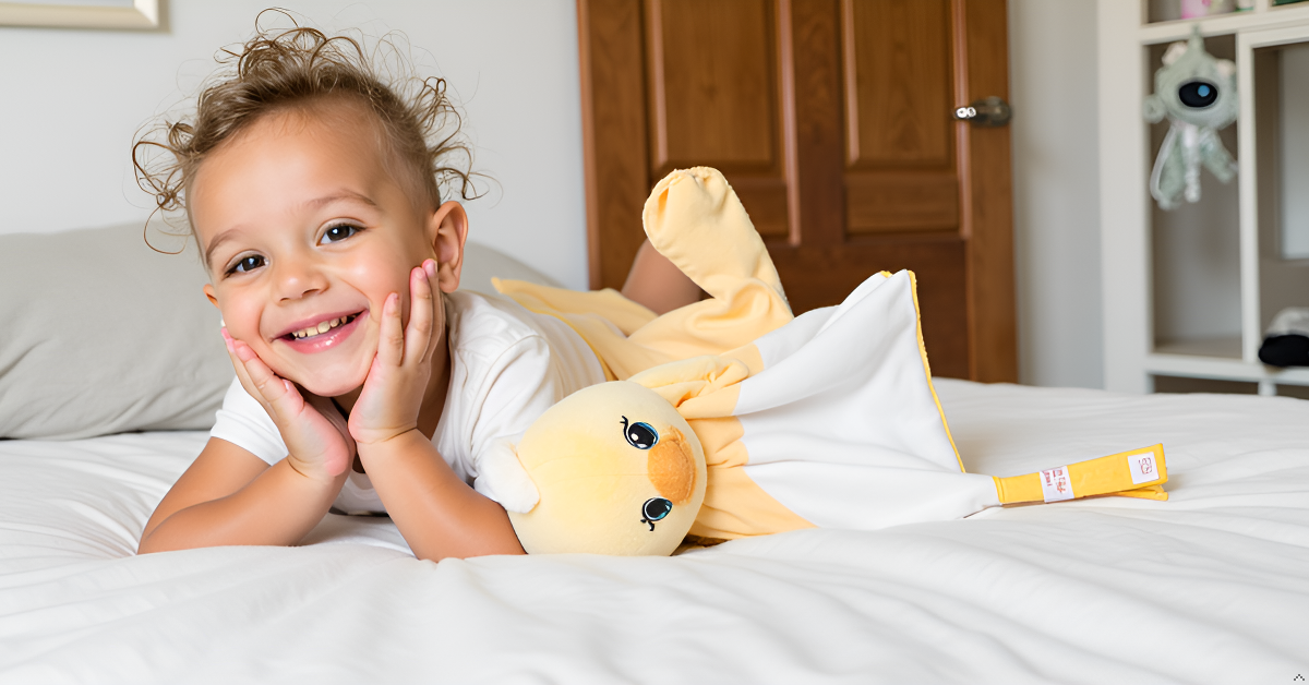 Zaylee the Duck baby musical toy from Everything Baby, white noise and lullaby comforter with soft fabric and playful design.