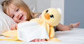 White plush Zaylee the Duck musical toy from Everything Baby, designed for soothing babies with lullabies and white noise.
